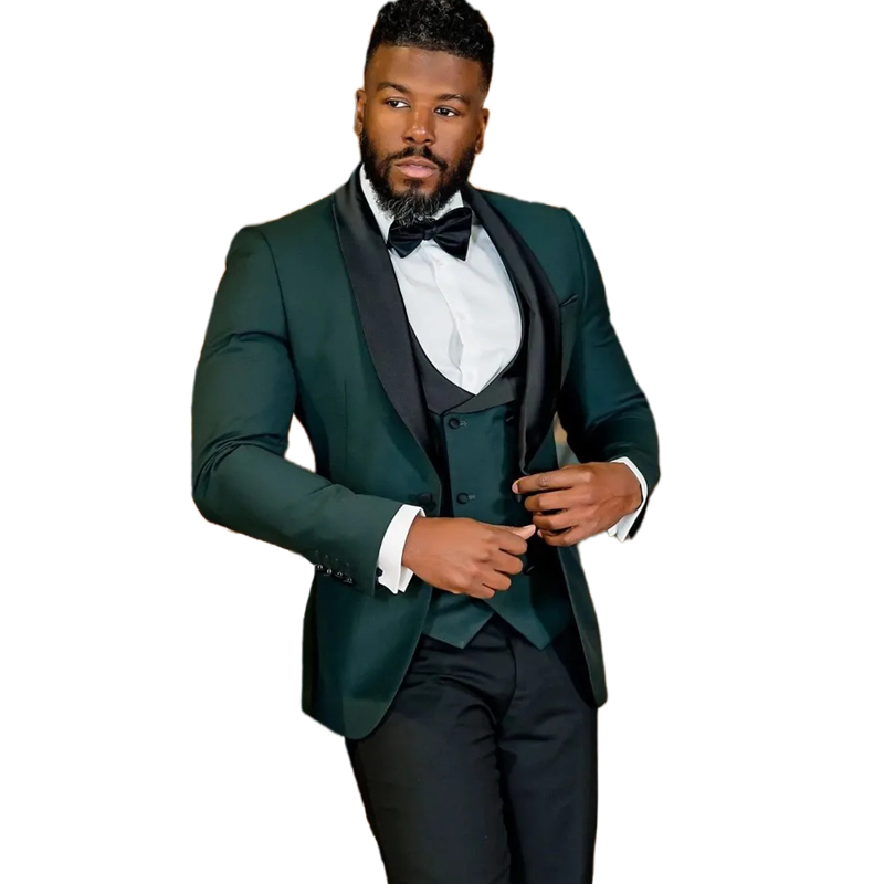 Dark Green Suits Men Wedding Tuxedos Black Shawl Lapel Three Pieces Slim Fit Groom Wear One Button Wedding Party Suit Prom Blazer Vest And Pants