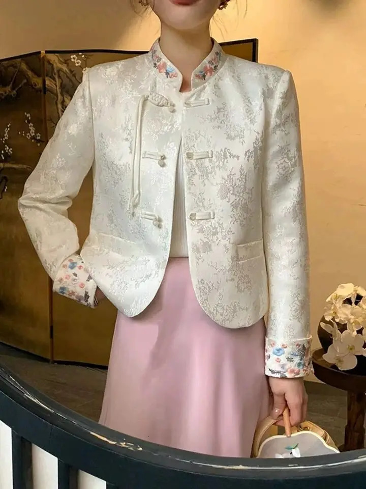 Spring Autumn Buckle Printed Coat Tops Fashion Loose Texture Formal Chinese Traditional Jacket Womens Outwear 240704