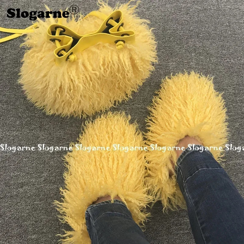 Womens Fashion Sets Fur Slippers Fur Handbags Woman Luxury Faux Fur Set Slides Furry Bag Purse Wallet Indoor Shoes Plus Size 49 240705
