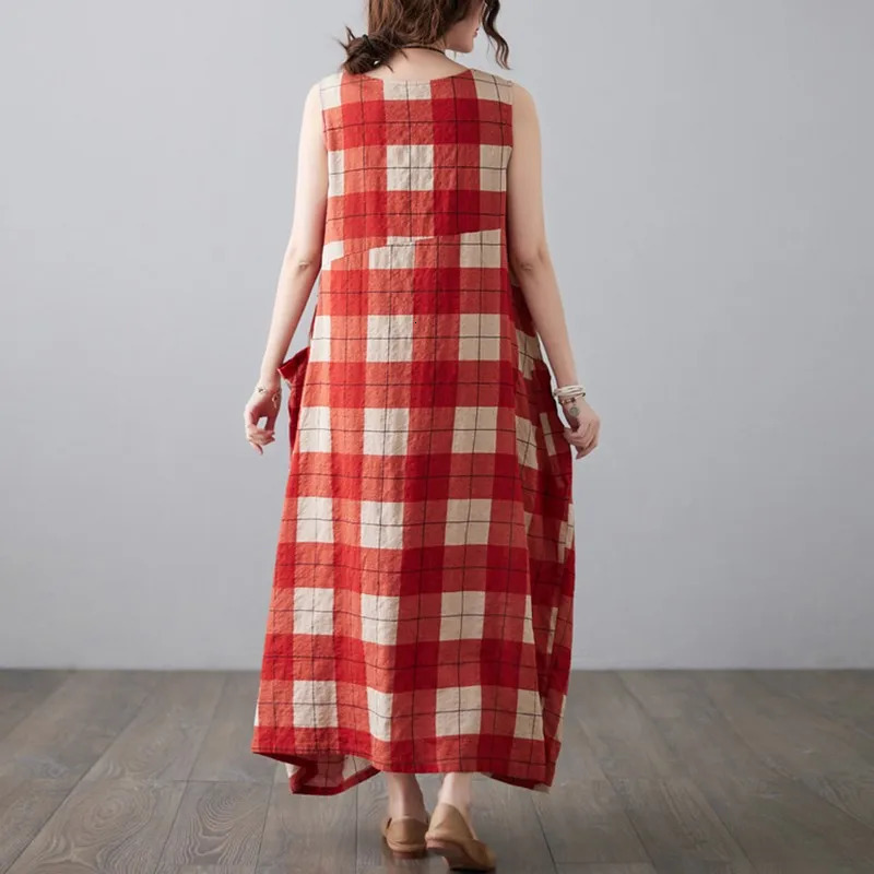 Women Casual Long Dress Arrival Summer Vintage Style Oneck Plaid Pattern Loose Female Aline Cotton Dresses B3733 240628