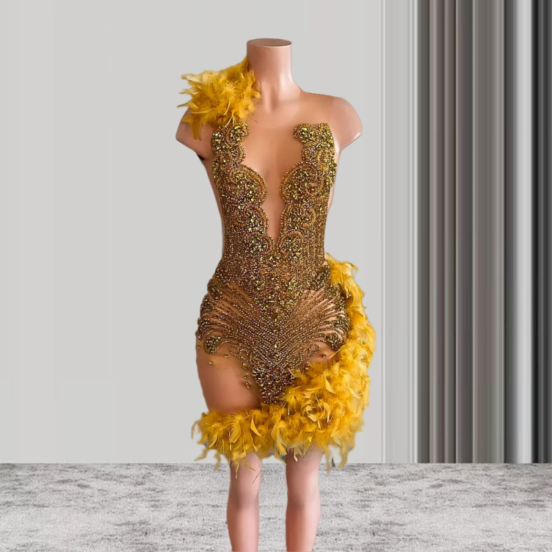 Gold Crystals Feather Short Prom Dresses For Black Girls See Through African American Cocktail Dresses Birthday Party Homecoming Gowns J047