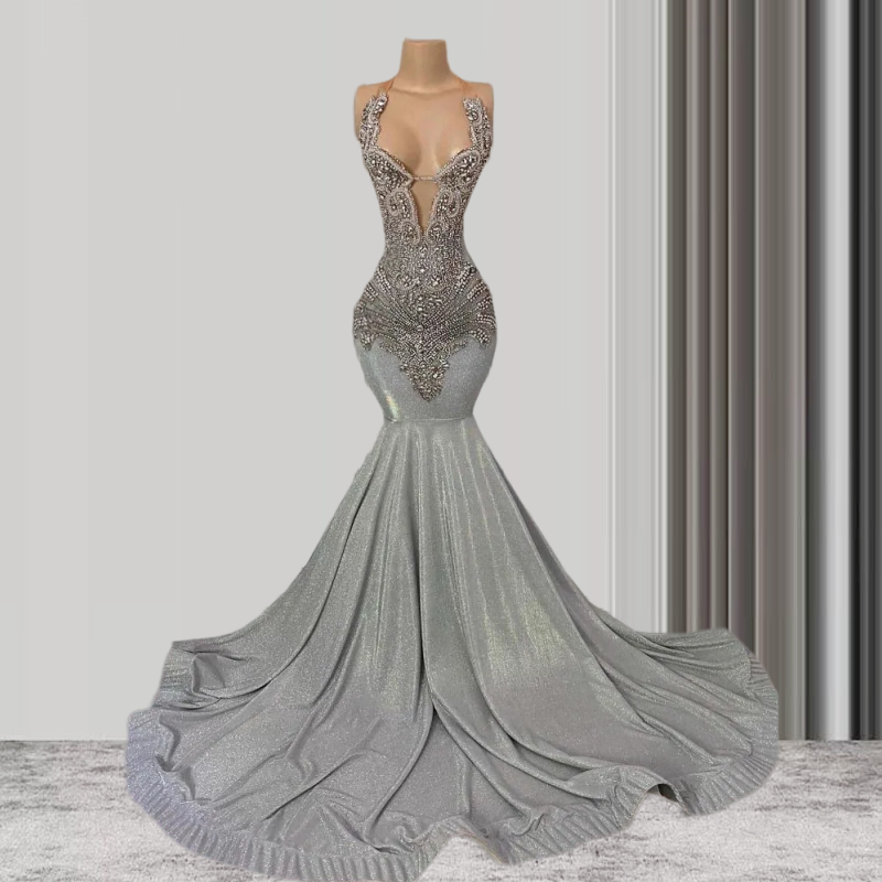 Gray Sparkly Women Long Prom Dresses For Black Girls Mermaid Sheer Luxury Diamond African American Prom Gowns Evening Gala Party Dresses