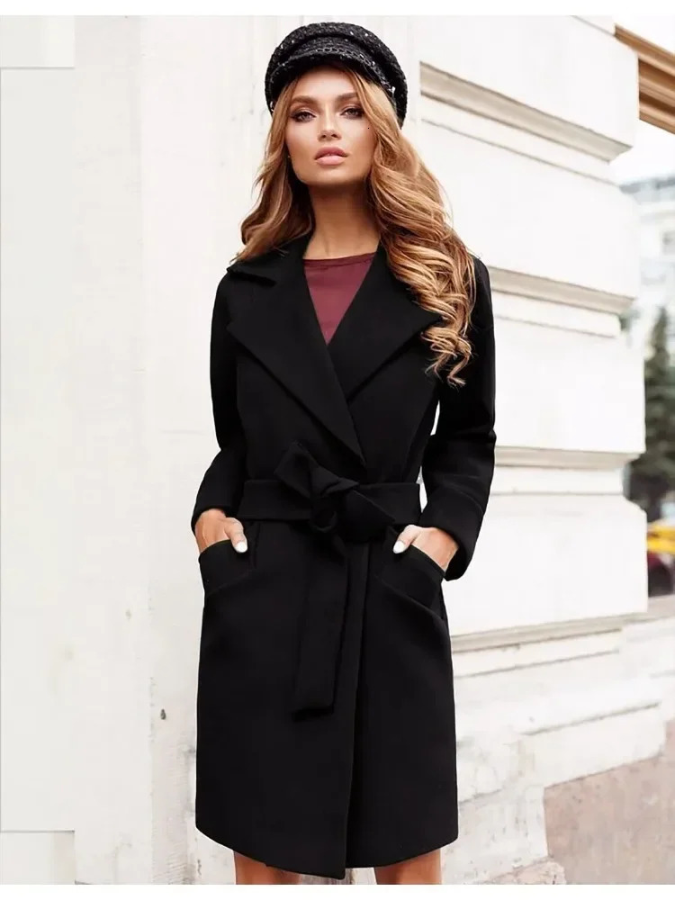 Womens S-2Xl Size Fashion Slim Fit Waist Belt Flip Collar Woolen Trench Coat For Women 240704