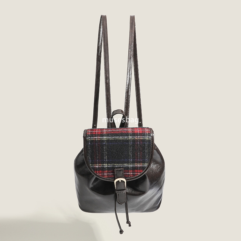 French women's fashionable backpack backpack popular practical high-quality minimalist backpack retro woolen plaid design high-end small backpack