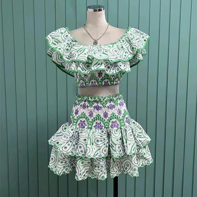 Quality Summer Holiday Embroidery Two Piece Sets Women Sexy Ruffle Crop Tops Midi Long Skirts Suits Bandage Bodycon Outfits 240702