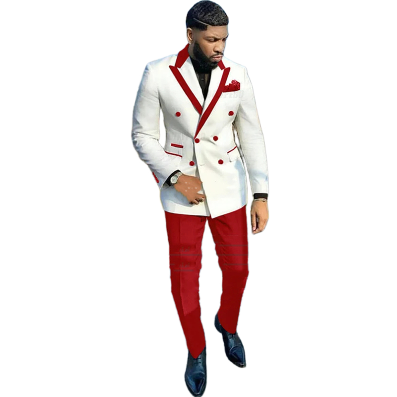 2024 White And Red Wedding Tuxedos Prom Party Men Suits Double Breasted Peaked Lapel Blazer Slim Fit Male Costume 3 Pieces Fashion Groom Wear Jacket V