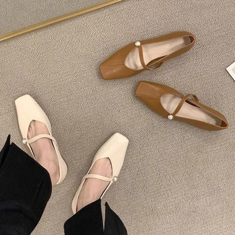 Spring Womens Ballet Flats Square Toe Mary Janes Pearls Leather Shoes for s Princess Office Beige Wedding Shoes 1757N 240705