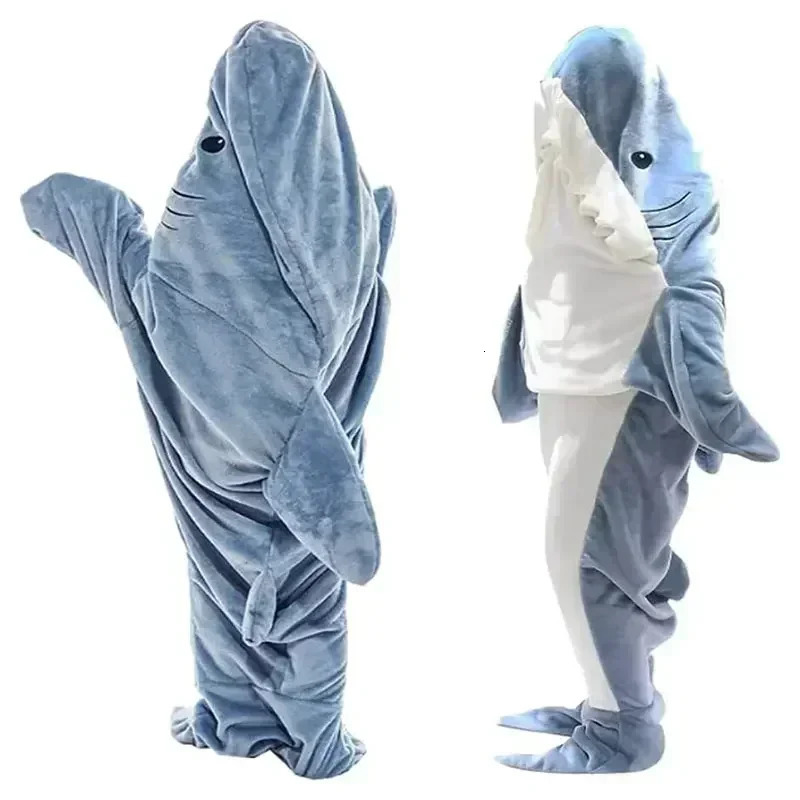 Cartoon Shark Blanket Hoodie Women Kigurumi Playsuit Kids Parents Hooded Warm Flannel Funny Homewear Shark Onesie Sleeping Bag 240705