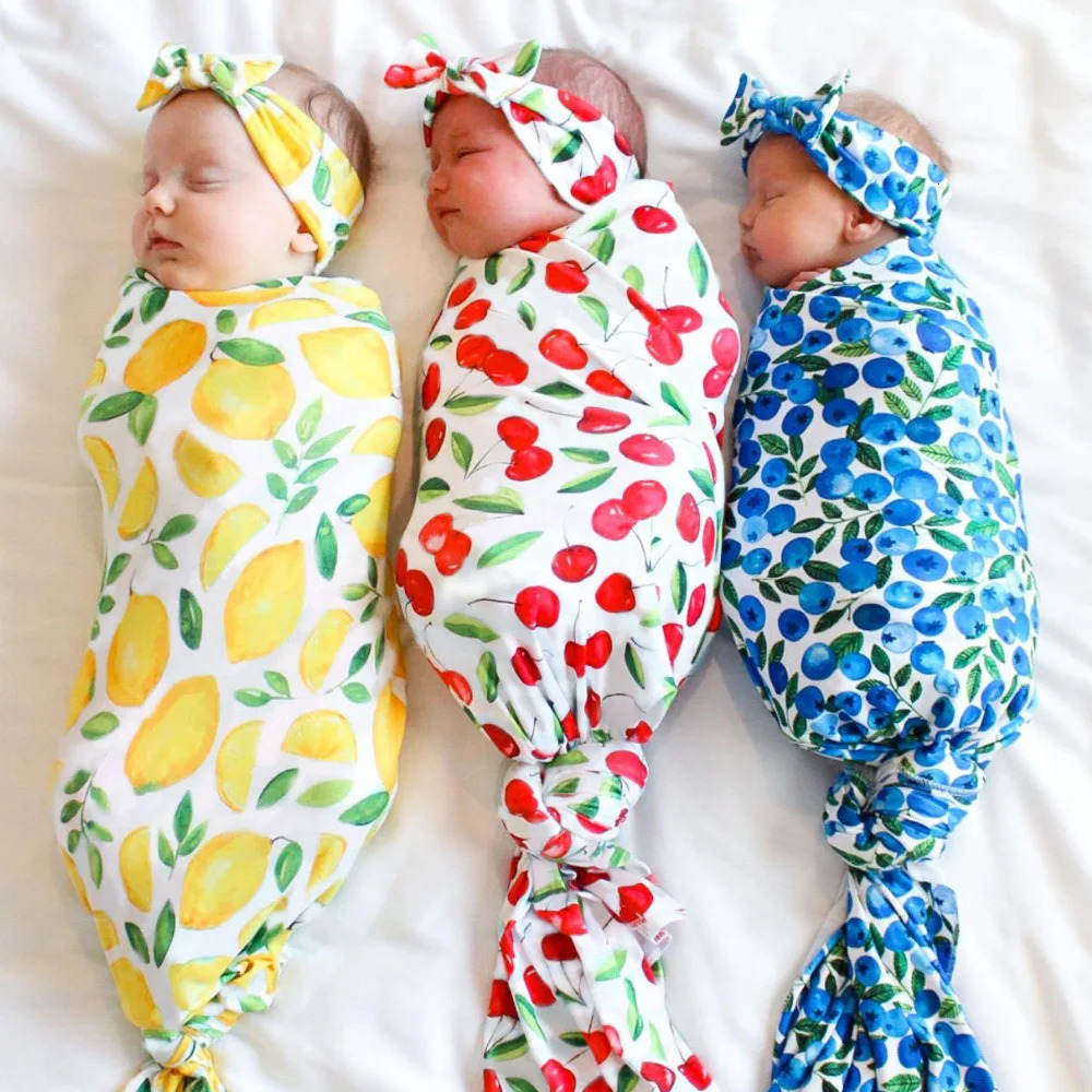 2pcs Cute Fruit Baby Swaddle Wrap Set With Headband Strawberry Lemon Infant Sleeping Bag Envelope Soft Breathable born 240703c