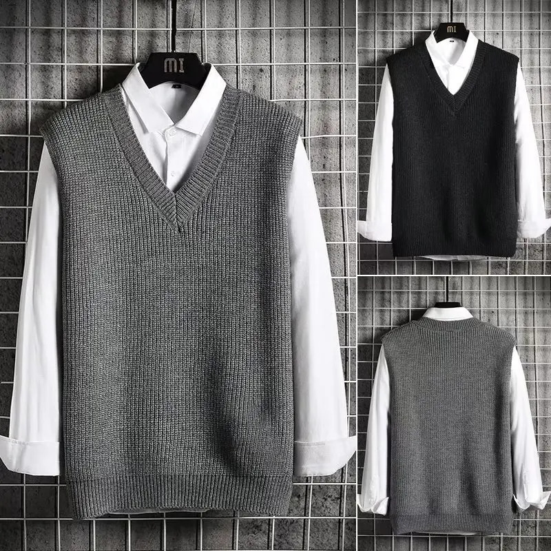 Mens Knitted Sweater Vest Sleeveless V-Neck Pullover Winter Warm Jumpers All-Match Solid Color Simple Fashion Streetwear Tops 240704