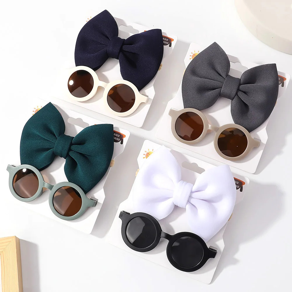 2PcsSet Baby Hair Accessories Solid Color Big Bow Head Band for Child Girl Soft Nylon Rope UV Resistant Sunglasses Beach Style 240625
