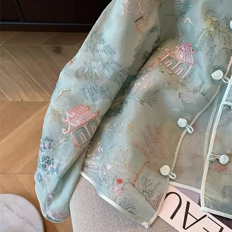 Spring Summer Chinese Lace Embroidery Coat Women Qipao Tops High Quality Loose Elegant Long Sleeves Thin Tang Outerwear J304 240704