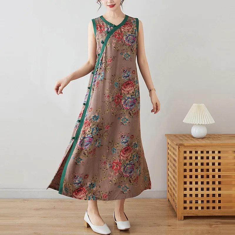 Women Casual Long Dress Summer Chinese Style Vintage Vneck Floral Print Loose Female Cotton Aline Dresses B3725 240628