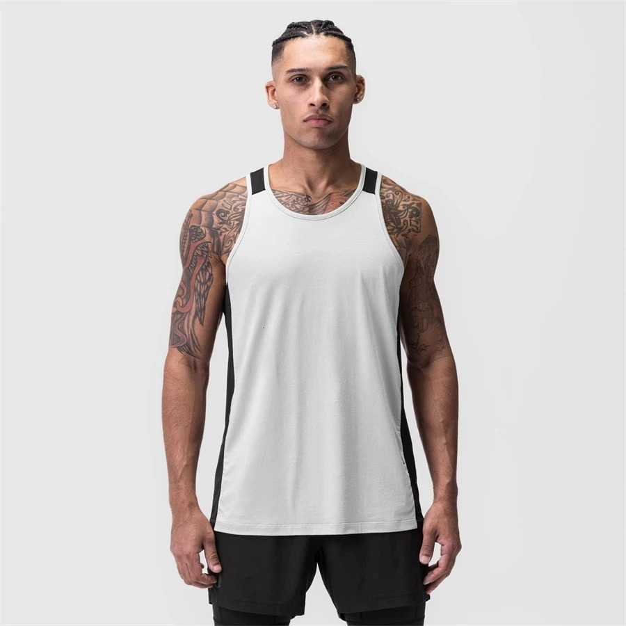 2023 Men Tank top Gym Mesh splice Workout Fitness Bodybuilding sleeveless shirt clothing Sports Singlet vest men Undershirt 240626