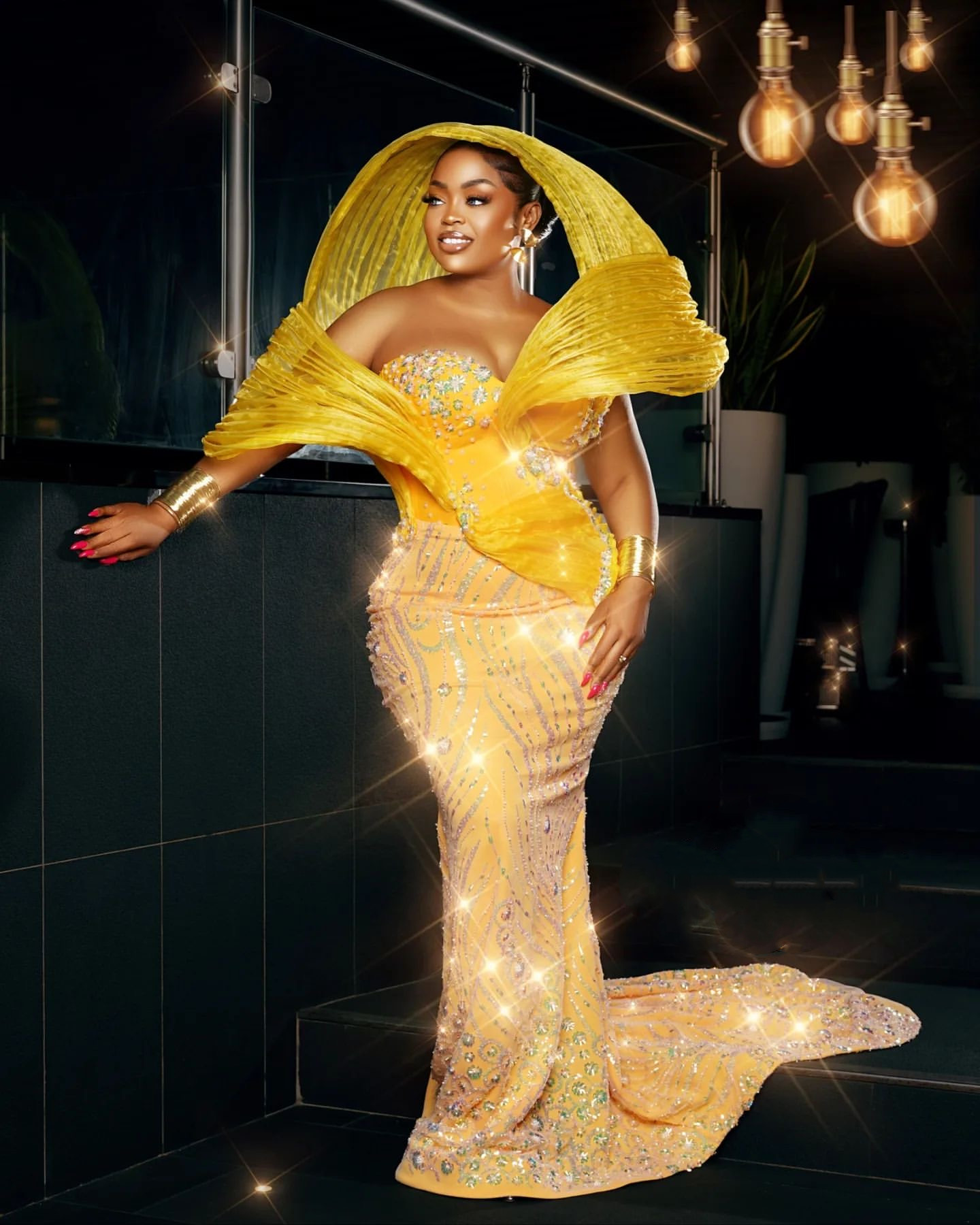2024 Plus Size Yellow Mermaid Prom Dresses Beaded Sequined Stylish Evening Formal Party Second Reception Birthday Celebrity Engagement Gowns Dress 021
