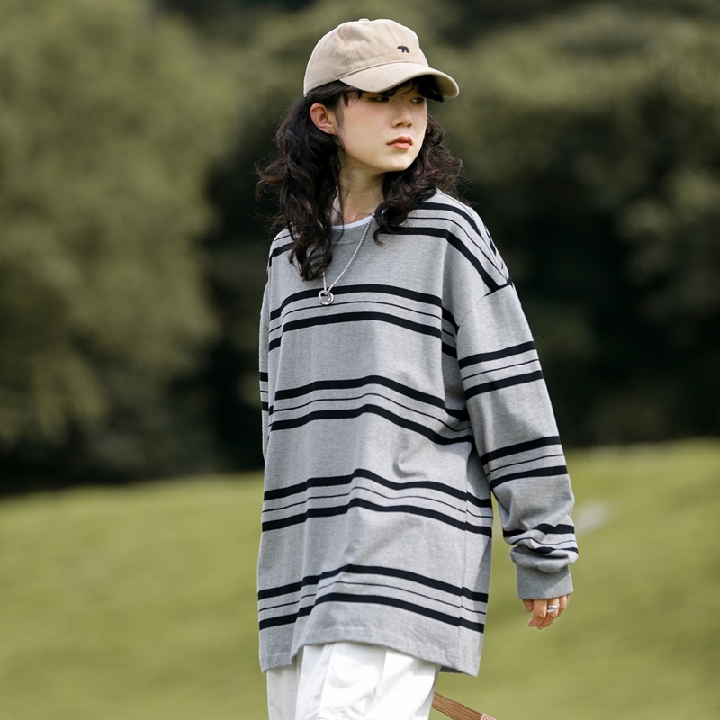 2024 striped round neck T-shirt couple loose top men's and women's casual long sleeved hoodie F7.6#47.04