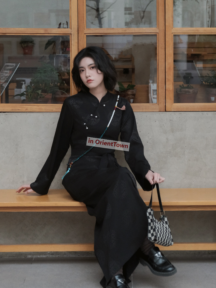 Asian Autumn Trend Woman China National Tibetan Black Gown Full Sleeve Quality Damask Robe Tibet Traditional Female Cotton Dress