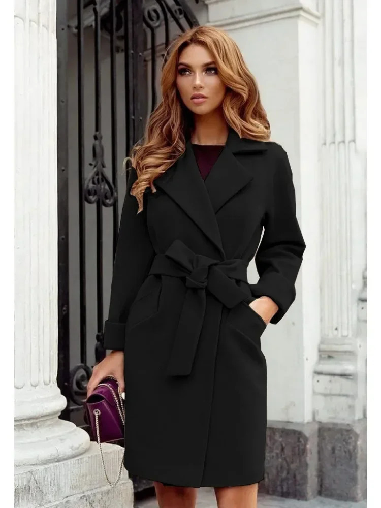 Womens S-2Xl Size Fashion Slim Fit Waist Belt Flip Collar Woolen Trench Coat For Women 240704