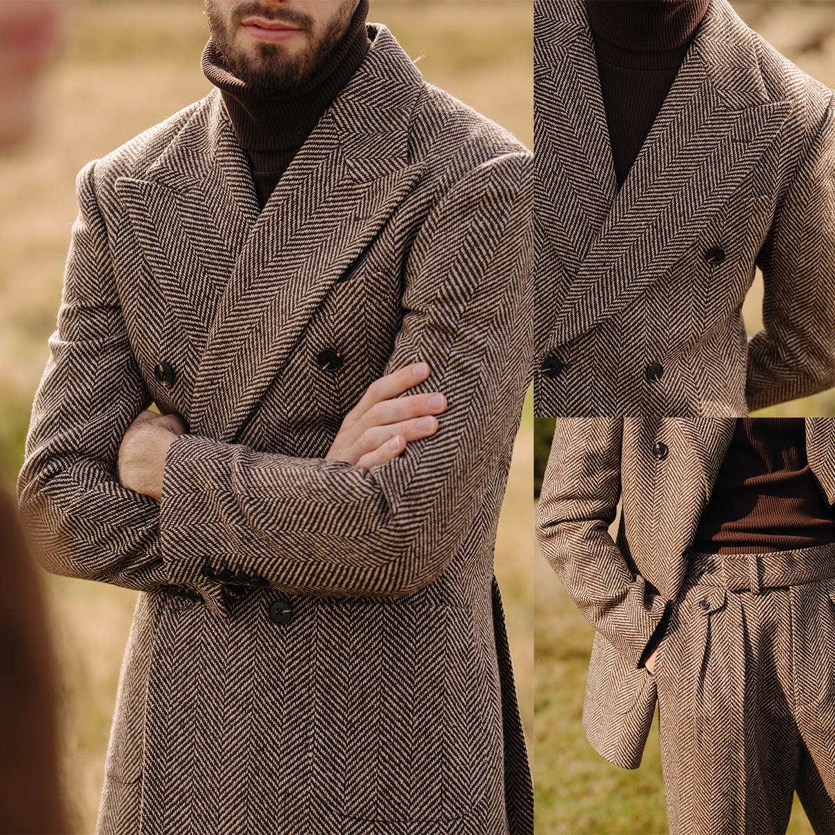 Casual Men's Coat Peaked Lapel Wool Blend Tailored Long Warm Jacket For Men Double Breasted Autumn Winter Custom Made 2 Piece Set Coats+Pants