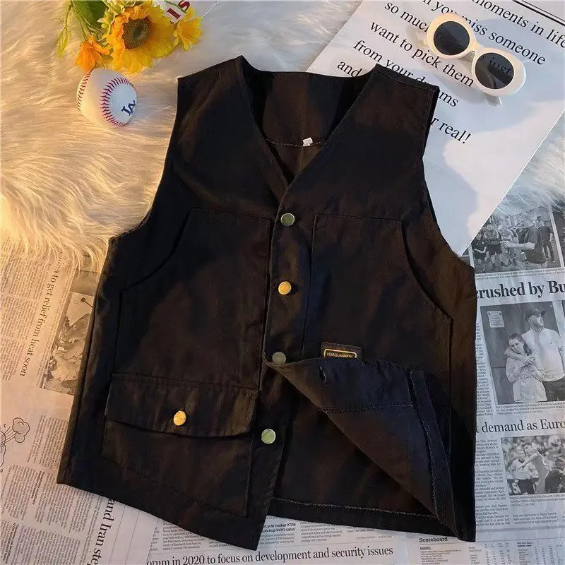 Japanese Retro Multi-pocket Workwear Vest Men Women in Summer Hong Kong Style Loose Versatile Waistcoat Sleeveless Vest Cityboy 240704