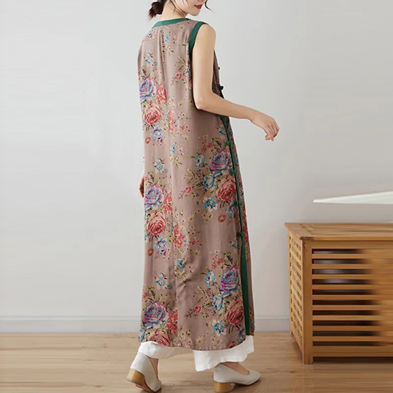 Women Casual Long Dress Summer Chinese Style Vintage Vneck Floral Print Loose Female Cotton Aline Dresses B3725 240628