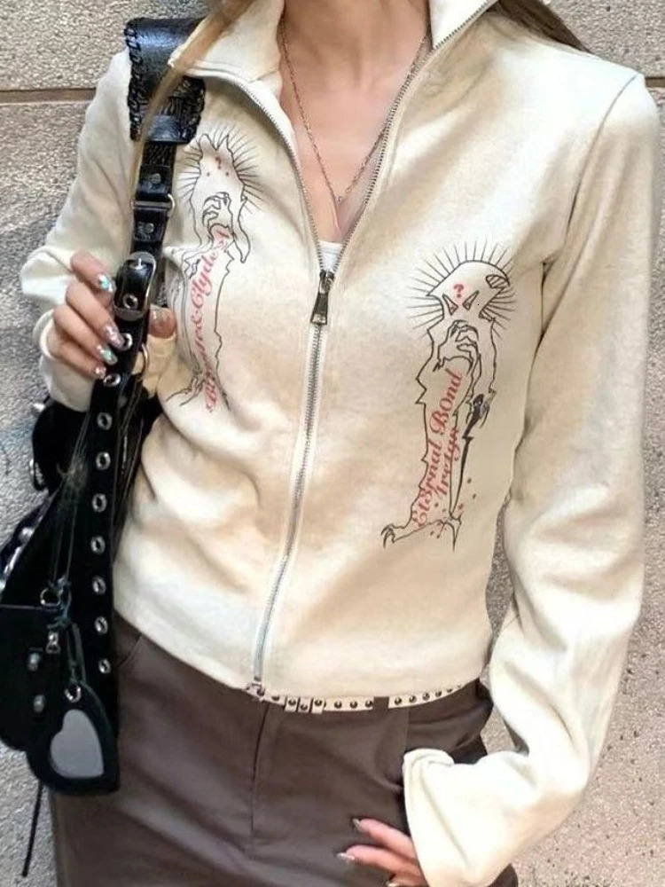 Spring Knitted Top Women Turn Down Collar Zipper Vintage Jacket Y2k Aesthetic Casual Cardigan Femme Harajuku Mujer 240704