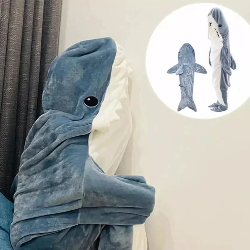 Cartoon Shark Blanket Hoodie Women Kigurumi Playsuit Kids Parents Hooded Warm Flannel Funny Homewear Shark Onesie Sleeping Bag 240705