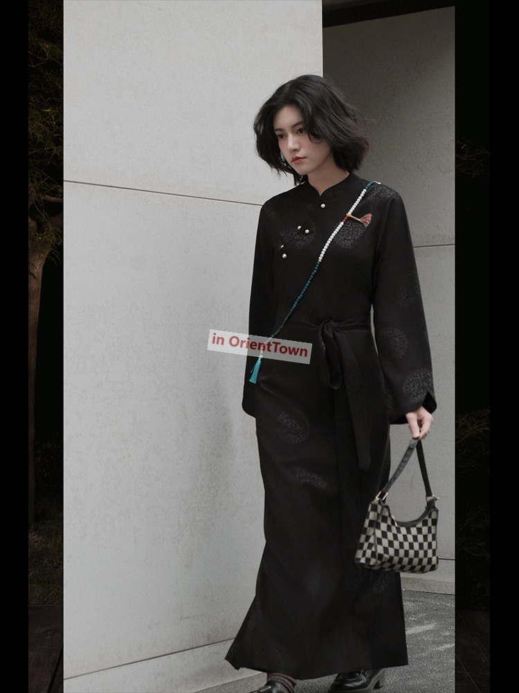 Asian Autumn Trend Woman China National Tibetan Black Gown Full Sleeve Quality Damask Robe Tibet Traditional Female Cotton Dress