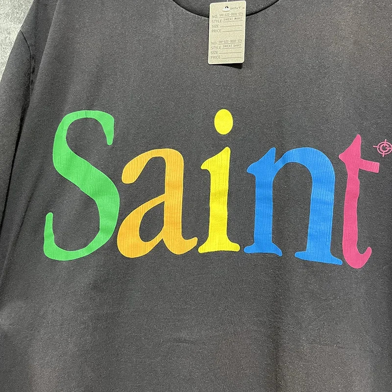 Summer Casual Loose Classic Cracked Colorful Letter Print Saint T Shirt Men Women 1 Tag TShirt Tee Tops 240703