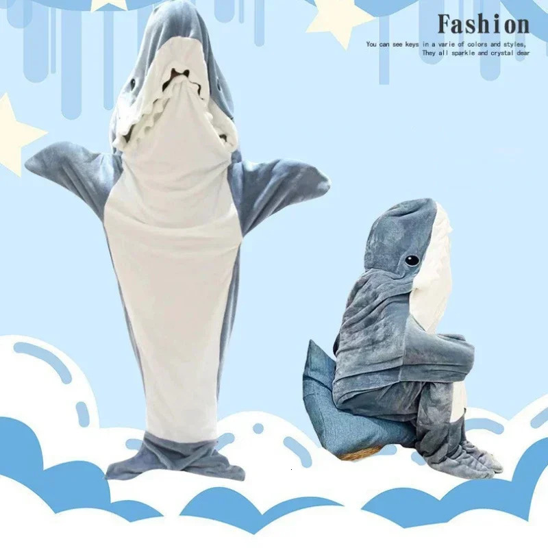 Cartoon Shark Blanket Hoodie Women Kigurumi Playsuit Kids Parents Hooded Warm Flannel Funny Homewear Shark Onesie Sleeping Bag 240705