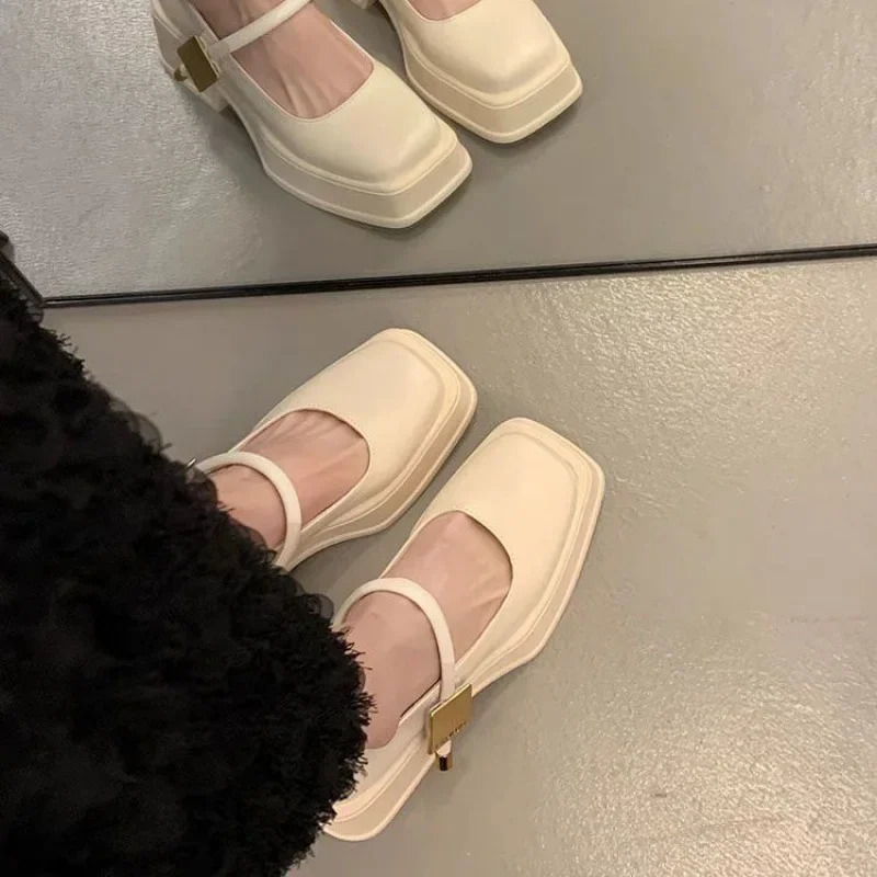 Womens Elegant Summer French New Mary Jane Thick Heel Metal Buckle British Style Flat Shoes For Commuting 240705 ashoesfactory