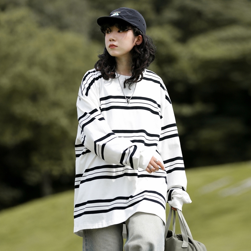 2024 striped round neck T-shirt couple loose top men's and women's casual long sleeved hoodie F7.6#47.04