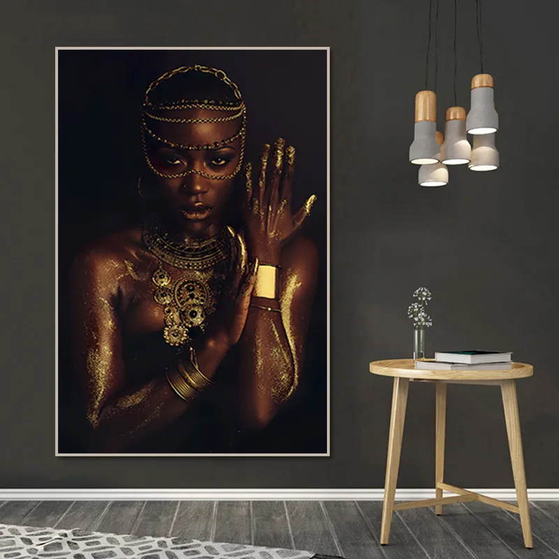 African Woman Posters and Prints Black and Gold Women Oil Painting On The Wall Modern Art Canvas Picture for Living Room Cuadros