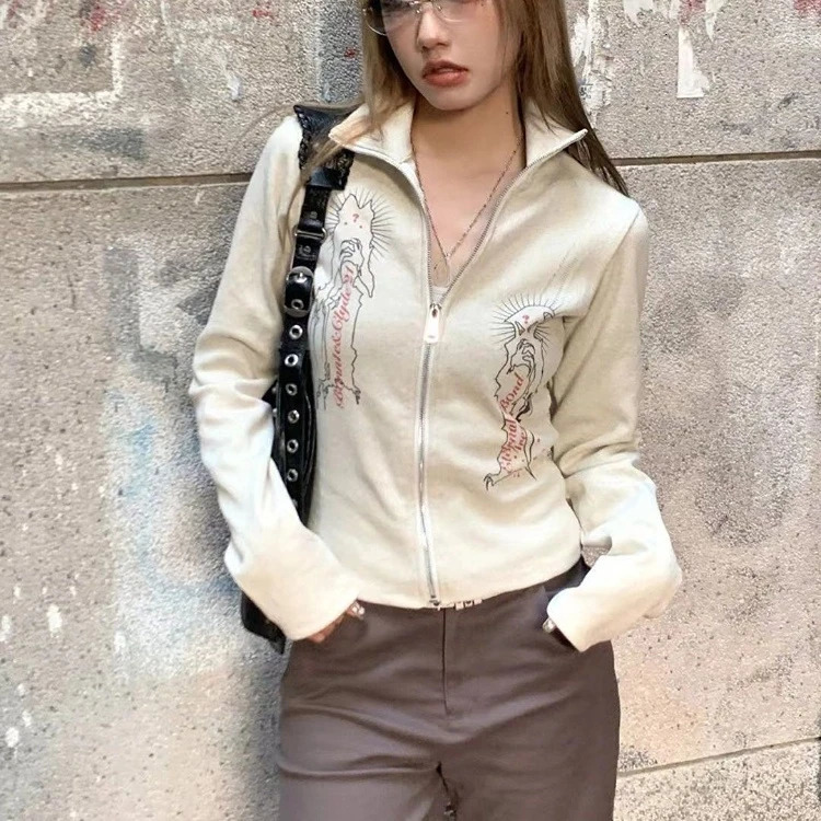 Spring Knitted Top Women Turn Down Collar Zipper Vintage Jacket Y2k Aesthetic Casual Cardigan Femme Harajuku Mujer 240704
