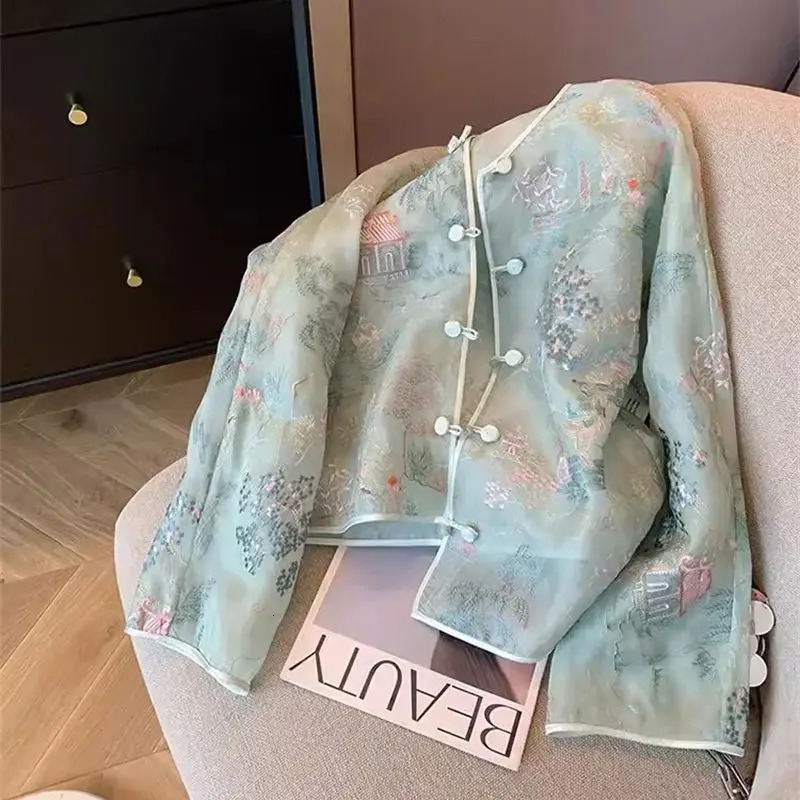 Spring Summer Chinese Lace Embroidery Coat Women Qipao Tops High Quality Loose Elegant Long Sleeves Thin Tang Outerwear J304 240704