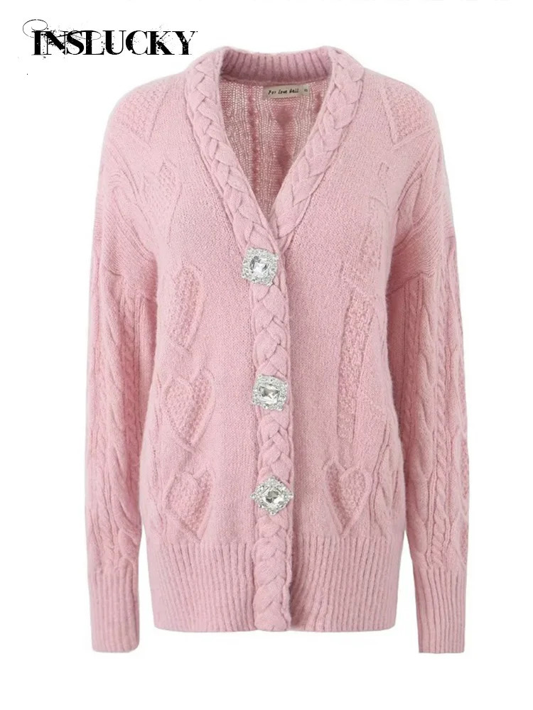 InsLucky Winter Knit Diamonds Button Long Sweater Cardigans Women Thick Jacket All Sleeve Slim V Neck Coat Office Lady Elegant 240701wtt