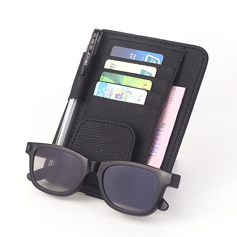 Sun Visor Organizer PU Leather Car Document Storage Pouch Pen Holder Multi-Pocket Sunglasses Clip Auto Interior Accessories