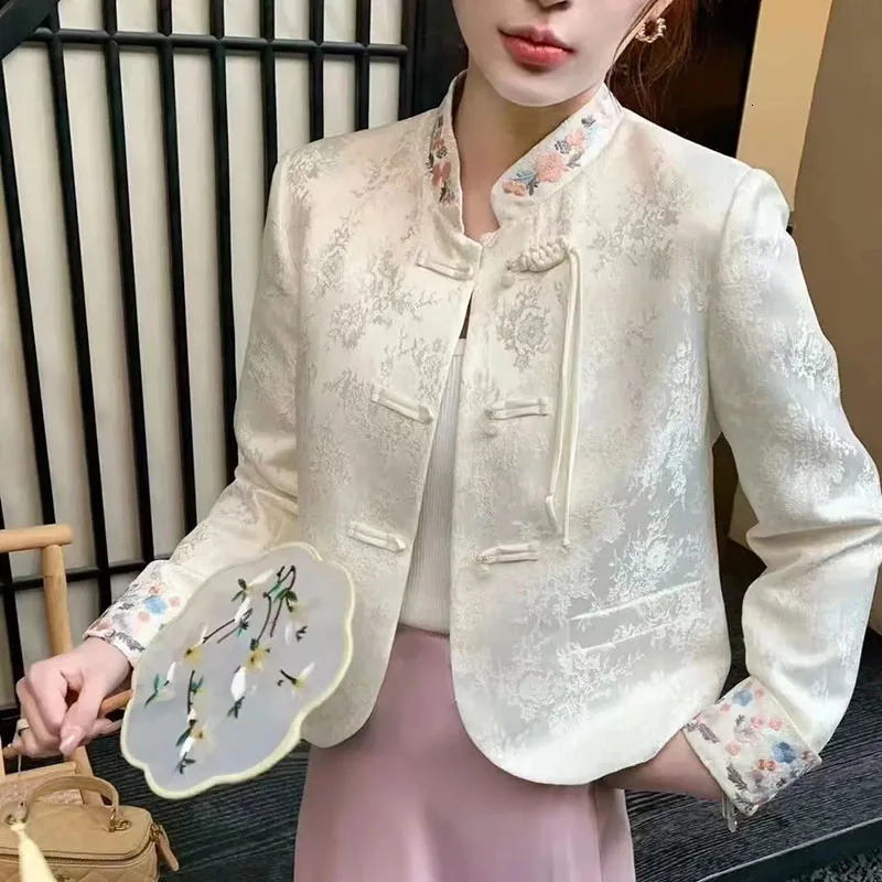 Spring Autumn Buckle Printed Coat Tops Fashion Loose Texture Formal Chinese Traditional Jacket Womens Outwear 240704