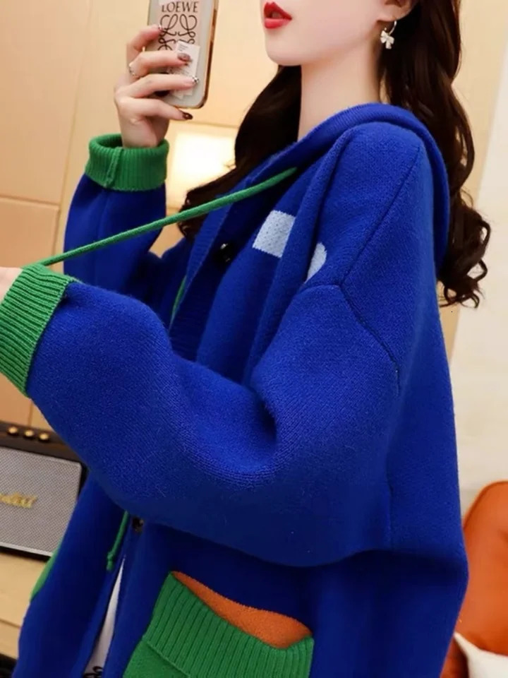 Hsa Women Jacket Loose Long Sleeves Oversize Sweaters Coat Spring Hooded cartoon sweater coat Patchwork Tops 240701wtt