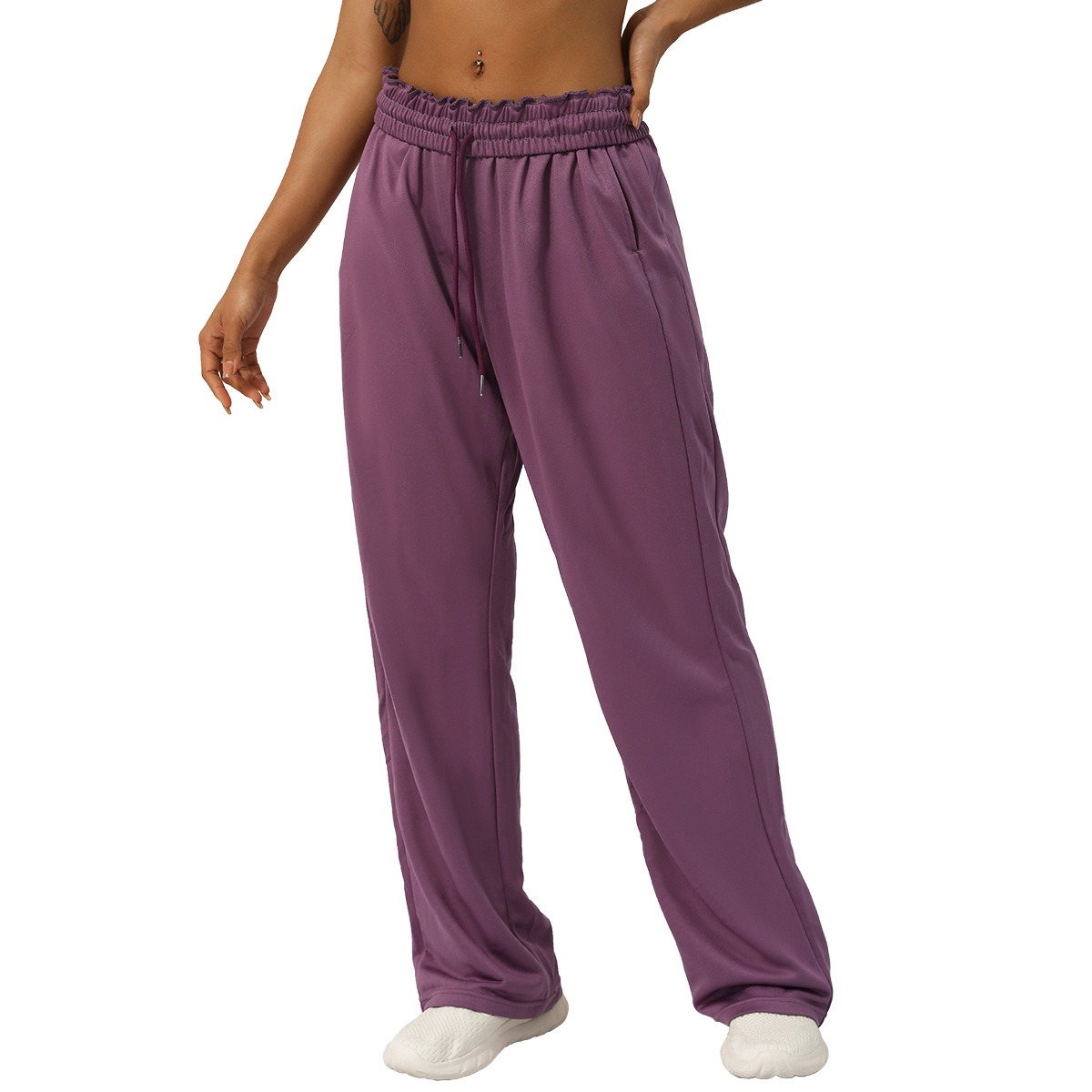 LM-2423 Womens Yoga Pants Woven Wide Leg Long Ladies Mid Waist Trousers Loose Yoga Comfort Slacks Ninth