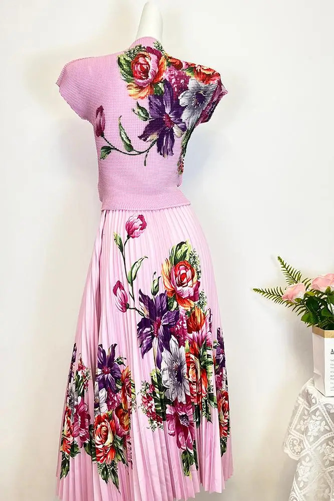 ZJYT Summer Fashion Floral Print Pleated Skirt Top Sets for Women 2 Pieces Outfit Elegant Suits Pink Dress Set Roupas Feminina 240704