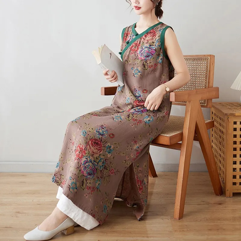 Women Casual Long Dress Summer Chinese Style Vintage Vneck Floral Print Loose Female Cotton Aline Dresses B3725 240628