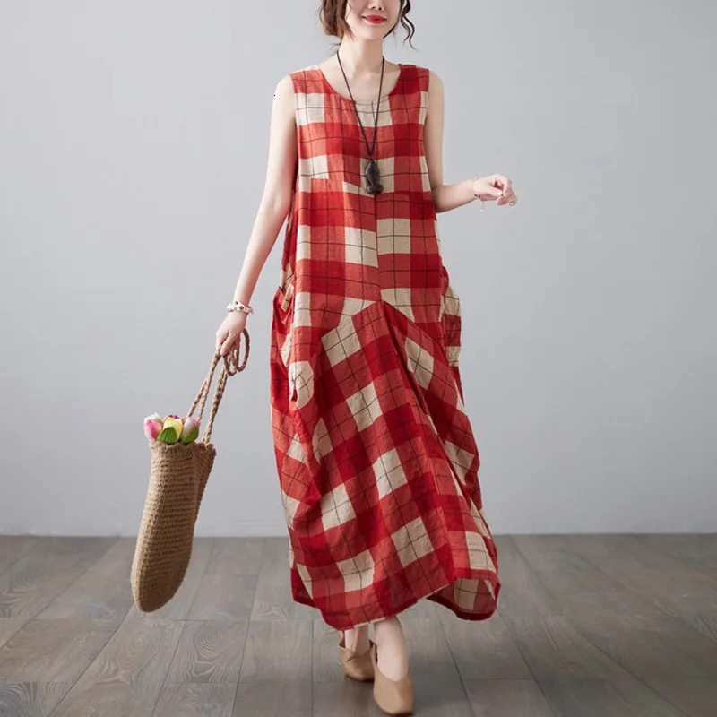 Women Casual Long Dress Arrival Summer Vintage Style Oneck Plaid Pattern Loose Female Aline Cotton Dresses B3733 240628