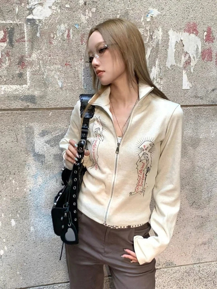 Spring Knitted Top Women Turn Down Collar Zipper Vintage Jacket Y2k Aesthetic Casual Cardigan Femme Harajuku Mujer 240704