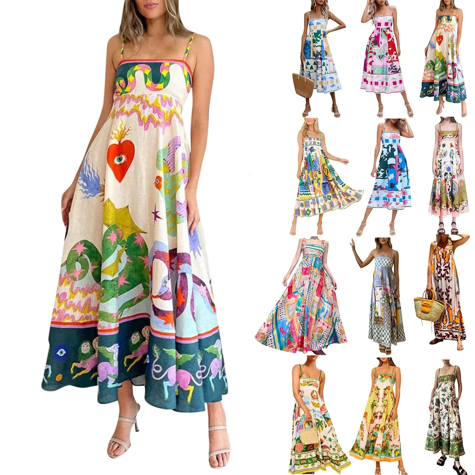 Summer European American Sleeveless Collarless High Waist Printed Painted WomenS Large Swing Sling Dress Roupas Femininas 240628