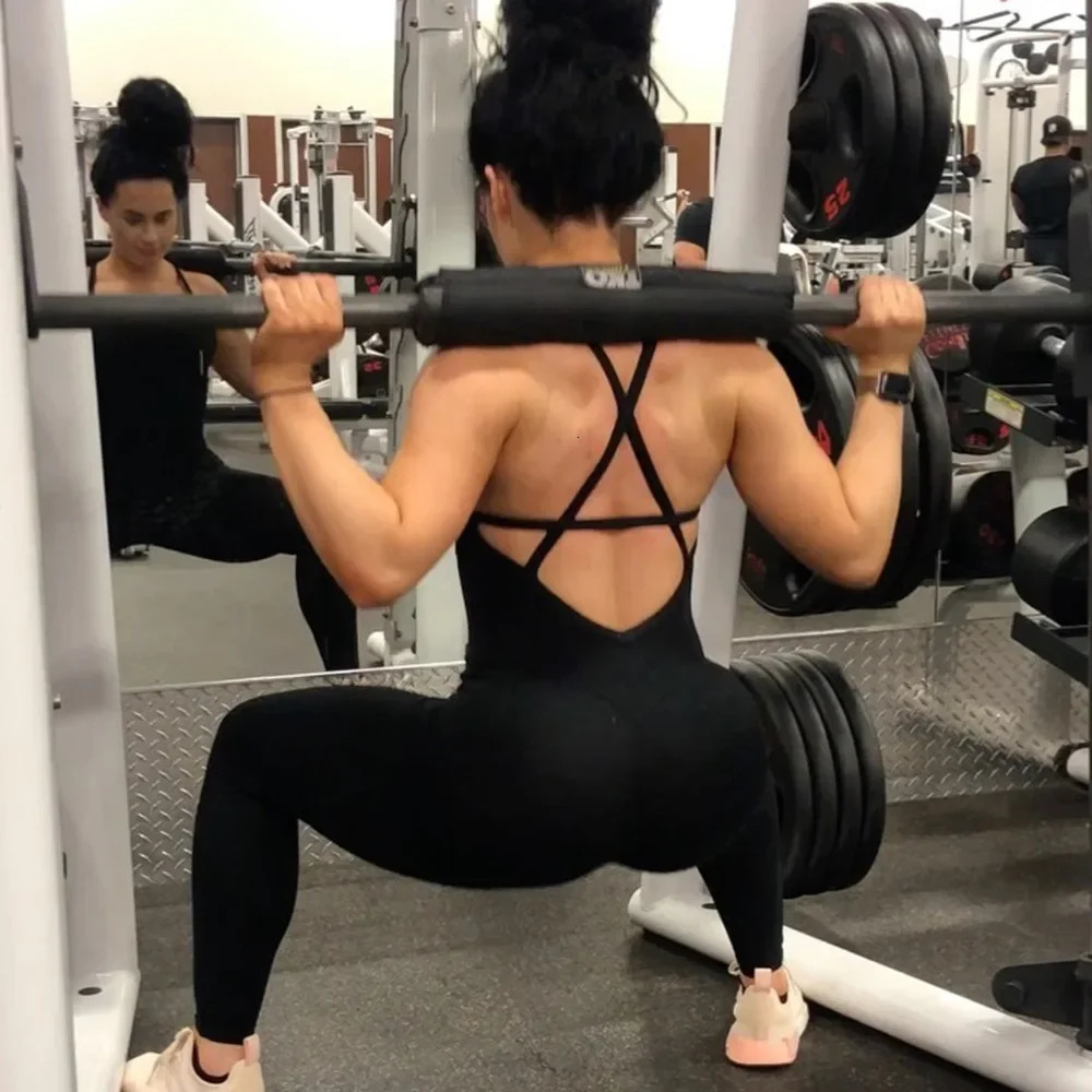 Women Athleisure Fitness Bodysuit Backless One Piece Yoga Jumpsuit Sports Gym Workout Clothes for Women Tights Active Wear 240703