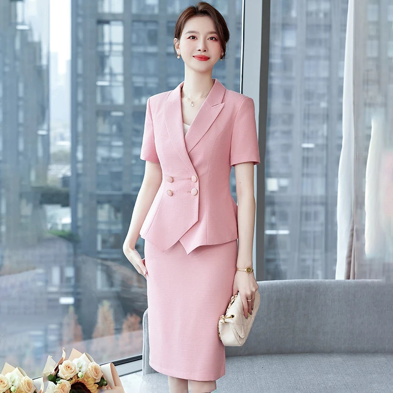 Summe Formal Skirt Suit Office Uniform Two Pieces Set Short Sleeve Blazer and 240704