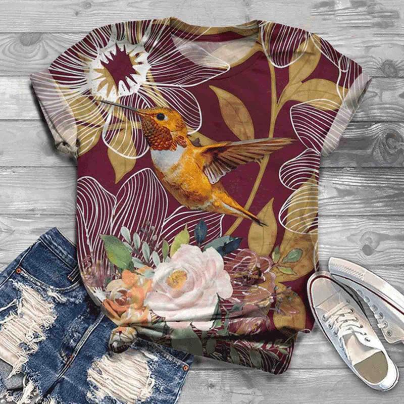 Womens T Shirts Harajuku Woman Tshirts Women Summer Size Short Sleeve Bird Printed O-Neck Tops Shirt Femme T-Shirts Mujer