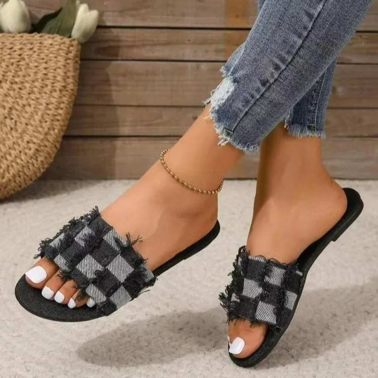 Denim Summer Slippers Women Flat Luxury Outdoor Beach Flip Flops Female Sandals Checkered Design Slides Shoes Woman 2024 Size 43 240705