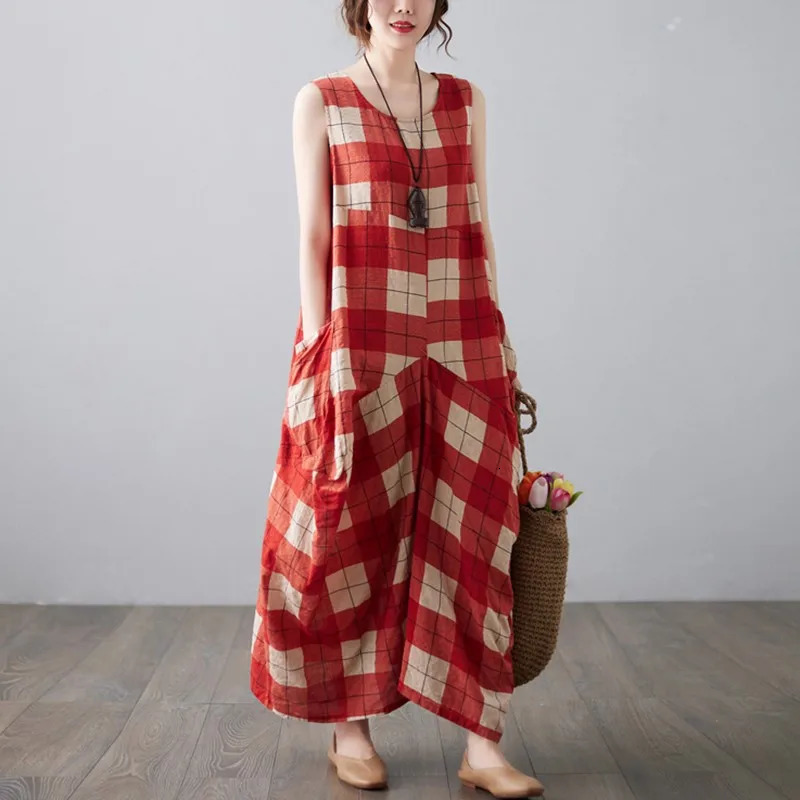 Women Casual Long Dress Arrival Summer Vintage Style Oneck Plaid Pattern Loose Female Aline Cotton Dresses B3733 240628